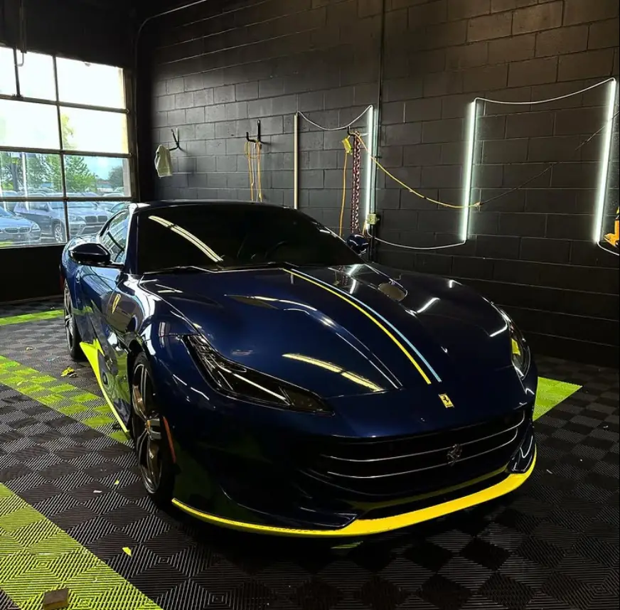 Ferrari front end on the checker floor at Pro-Tint